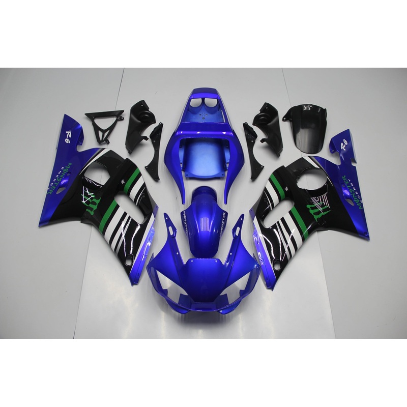 Yamaha YZF-R6 (1998-2002) Blue, Black, White & Green Monster Fairings Clear Windscreen: Free No Bolt Kit
