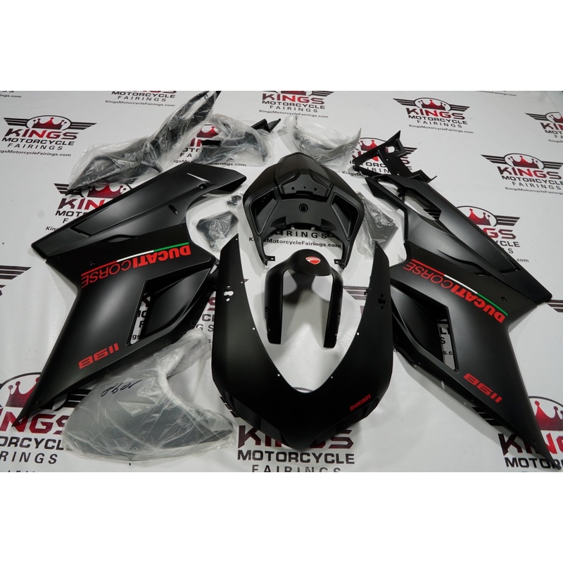 Ducati 1198 (2007-2012) Matte Black, Red Corse Fairings Clear Windscreen: Free No Seat Cowl No Bolt Kit