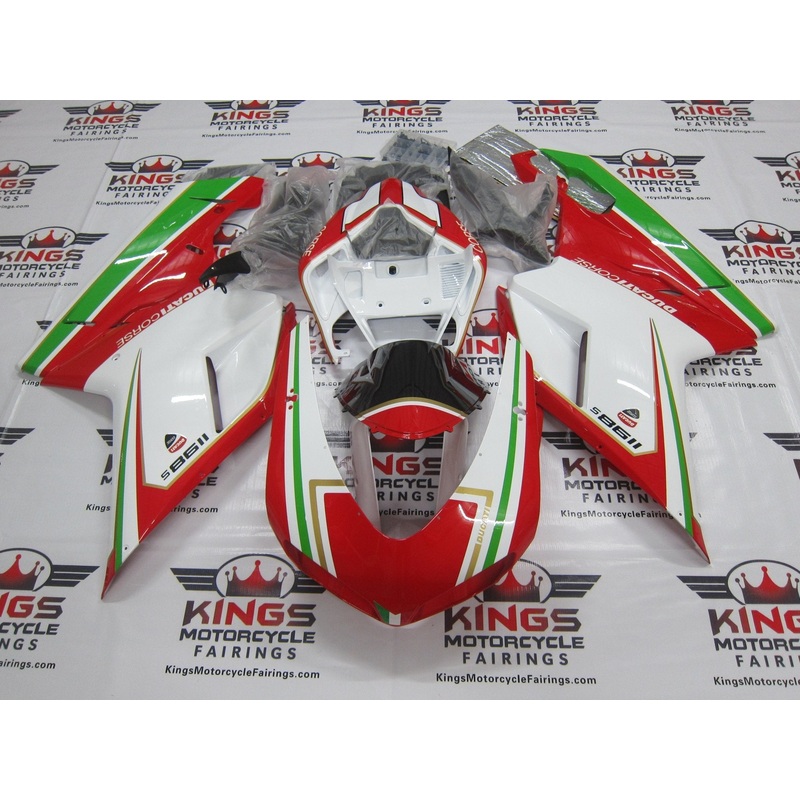 Ducati 1198 (2007-2012) Red, White, Green & Gold Fairings Clear Windscreen: Free No Seat Cowl No Bolt Kit
