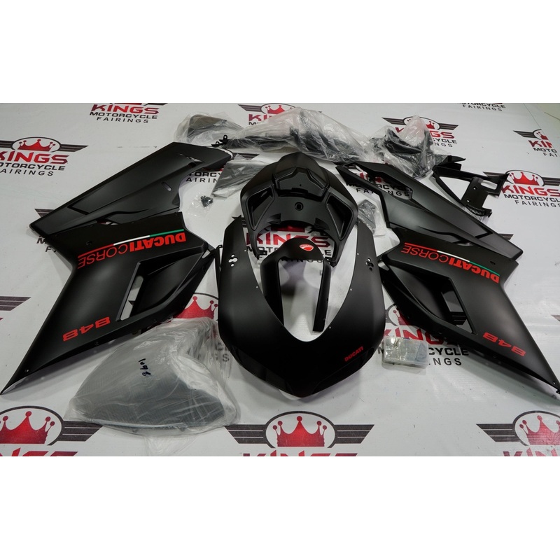 Ducati 848 (2007-2014) Matte Black & Red Corse Fairings Clear Windscreen: Free No Seat Cowl No Bolt Kit