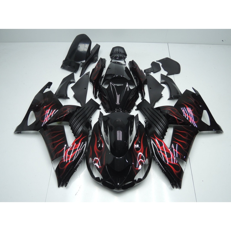 Fairing kit for a Kawasaki Ninja ZX14R (2006-2011) Black, Matte Black & Red Flames Clear Windscreen: Free No Seat Cowl No Bolt Kit