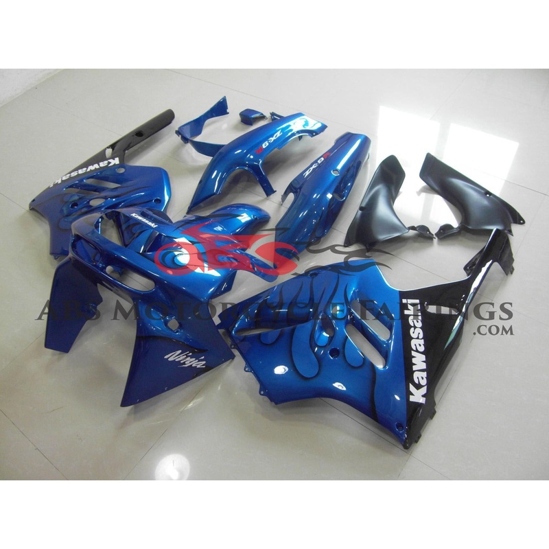 Fairing kit for a Kawasaki ZX-9R (1994-1997) Blue & Black Flames Clear Windscreen: Free Bolt Kit: No
