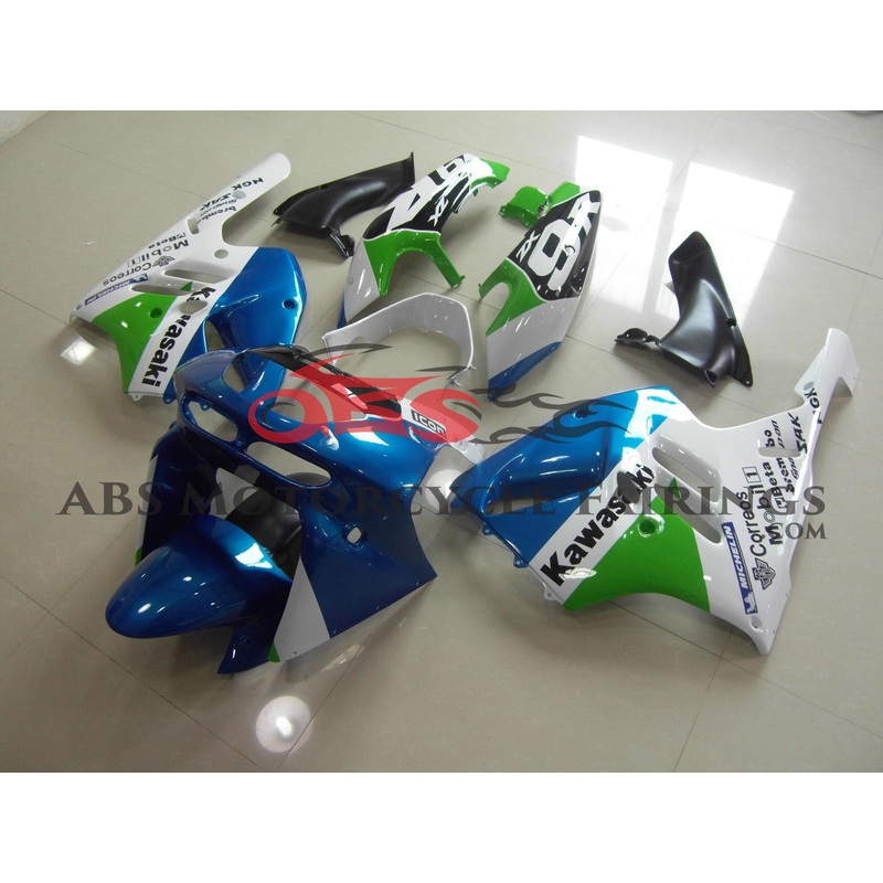 Fairing kit for a Kawasaki ZX-9R (1994-1997) Blue, White & Green Clear Windscreen: Free Bolt Kit: No