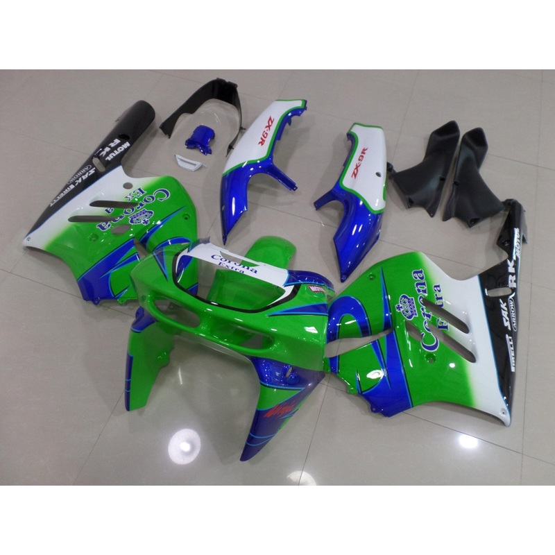 Fairing kit for a Kawasaki ZX-9R (1994-1997) Green, Blue, White & Black Clear Windscreen: Free Bolt Kit: No