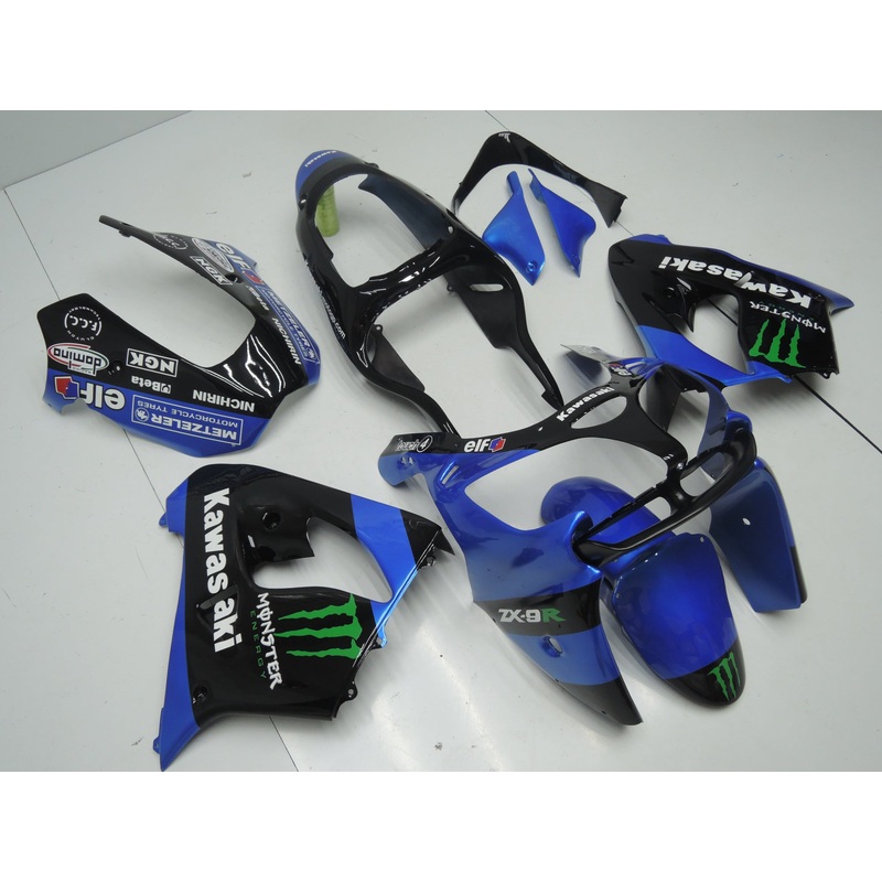 Fairing Kit for a Kawasaki ZX-9R (2000-2001) Blue, Black, White & Green Monster CLEAR WINDSCREEN: FREE NO SEAT COWL NO BOLT KIT