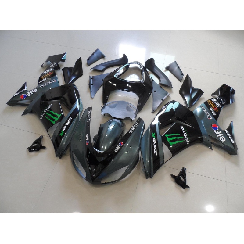 Fairing Kit For A Kawasaki ZX10R (2006-2007) Gray & Black Monster Elf Clear Windscreen: Free No Seat Cowl No Bolt Kit