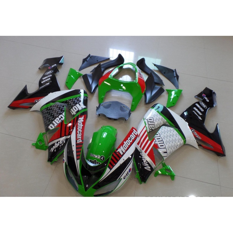 Fairing Kit For A Kawasaki ZX10R (2006-2007) Green, White, Black & Red Motocard Clear Windscreen: Free No Seat Cowl No Bolt Kit