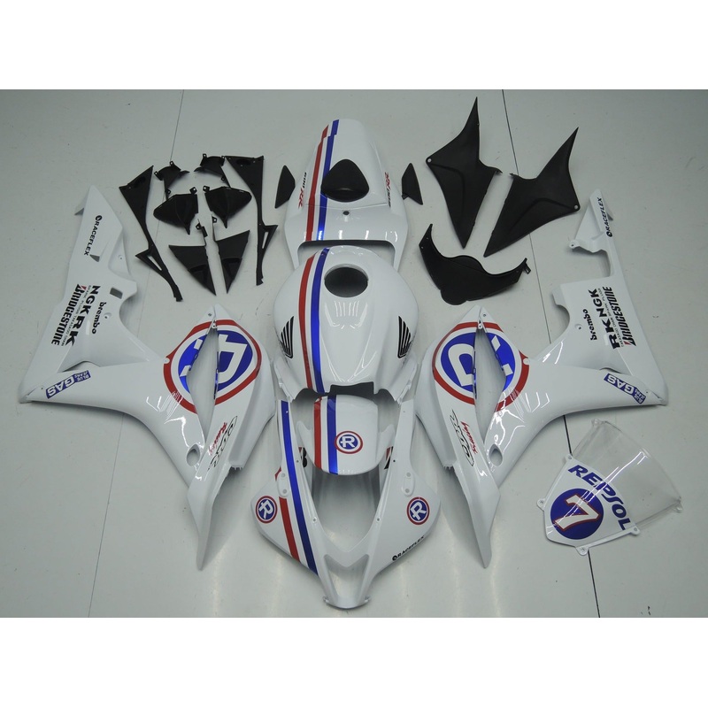 Honda CBR600RR (2007-2008) White, Red & Blue Stripe R Fairings No Seat Cowl No Bolt Kit No Tank