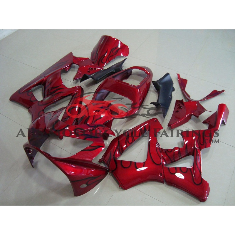 Honda CBR900RR 929 (2000-2001) Red & Black Flame Fairings Clear Windscreen: Free No Bolt Kit