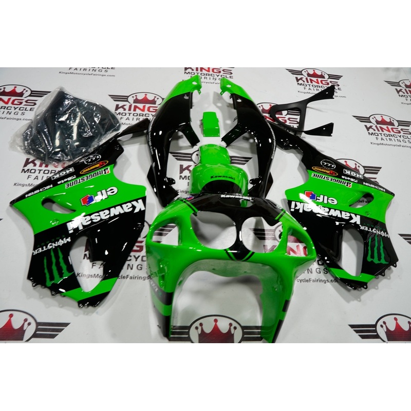 Kawasaki ZX-7R Fairings (1996-2002) Green, Black Monster Elf Clear Windscreen: Free No Bolt Kit