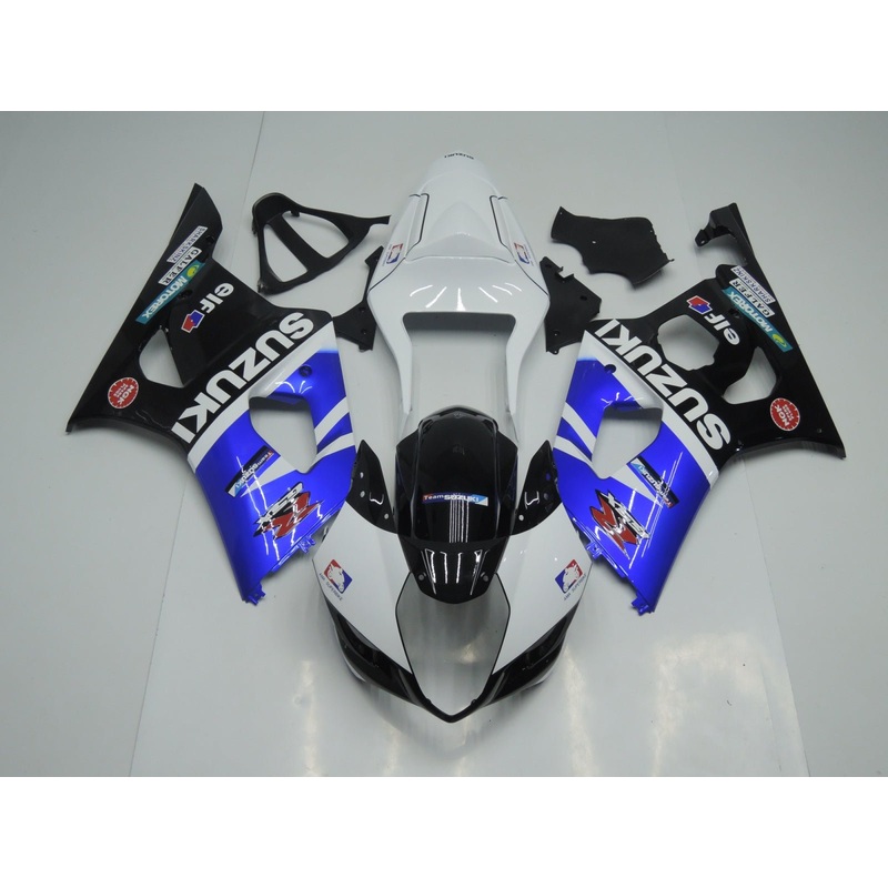 Suzuki GSXR1000 (2003-2004) White, Blue & Black Elf Fairings Clear Windscreen: Free No Seat Cowl No Bolt Kit