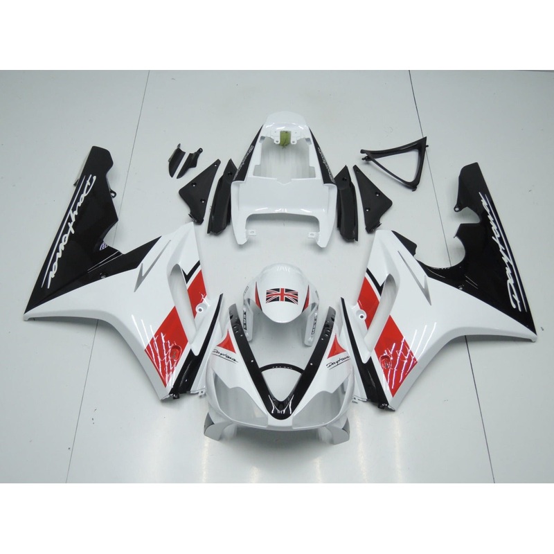 Triumph Daytona 675 (2006-2008) White, Black & Red Fairings Clear Windscreen: Free No Bolt Kit