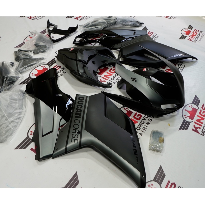 Ducati 848 (2007-2014) Matte Black & Gray Fairings Clear Windscreen: Free No Seat Cowl No Bolt Kit
