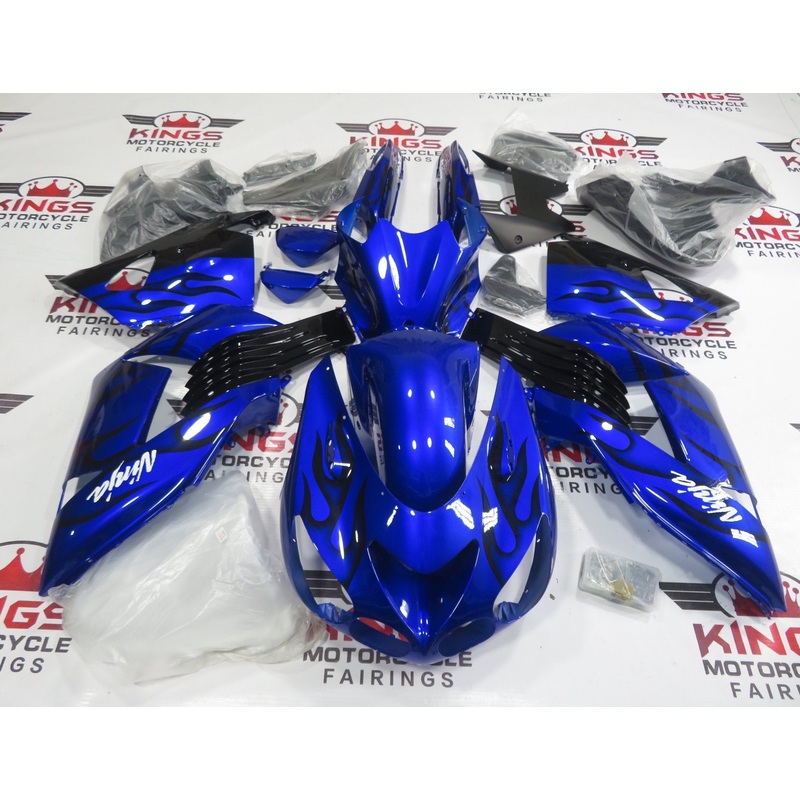 Fairing kit for a Kawasaki Ninja ZX14R (2006-2011) Blue & Black Flames Clear Windscreen: Free No Seat Cowl No Bolt Kit