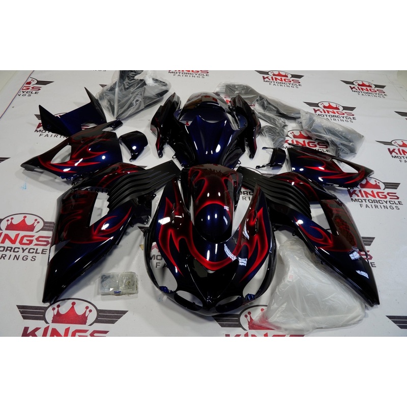 Fairing kit for a Kawasaki Ninja ZX14R (2006-2011) Dark Blue & Candy Red Flames Clear Windscreen: Free No Seat Cowl No Bolt Kit