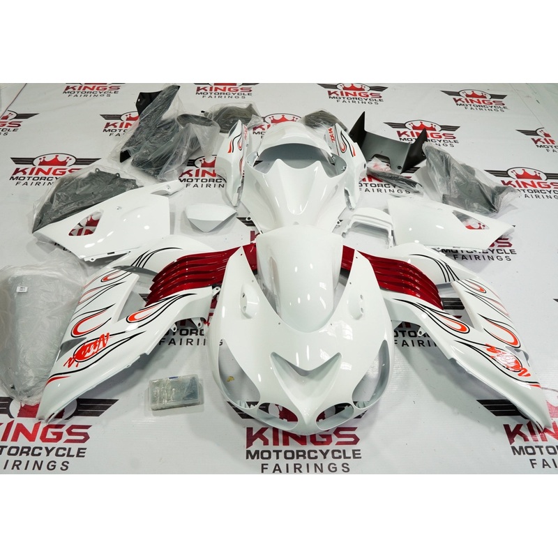 Fairing kit for a Kawasaki Ninja ZX14R (2006-2011) White, Red & Black Flames Clear Windscreen: Free No Seat Cowl No Bolt Kit