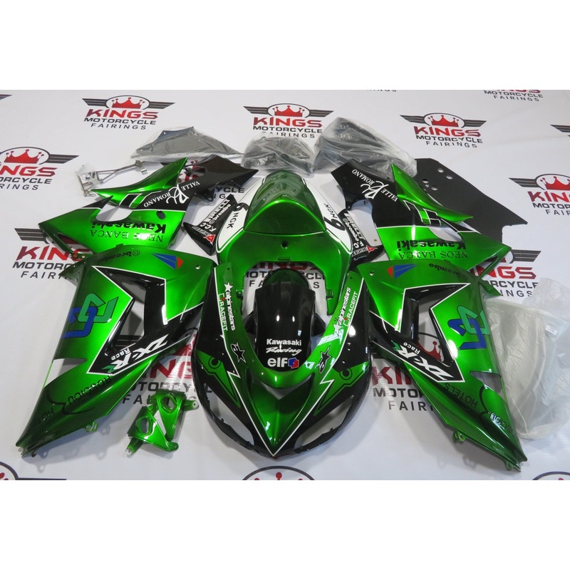 Fairing Kit For A Kawasaki ZX10R (2006-2007) Metallic Green, Black & White Alpinestars Clear Windscreen: Free No Seat Cowl No Bolt Kit