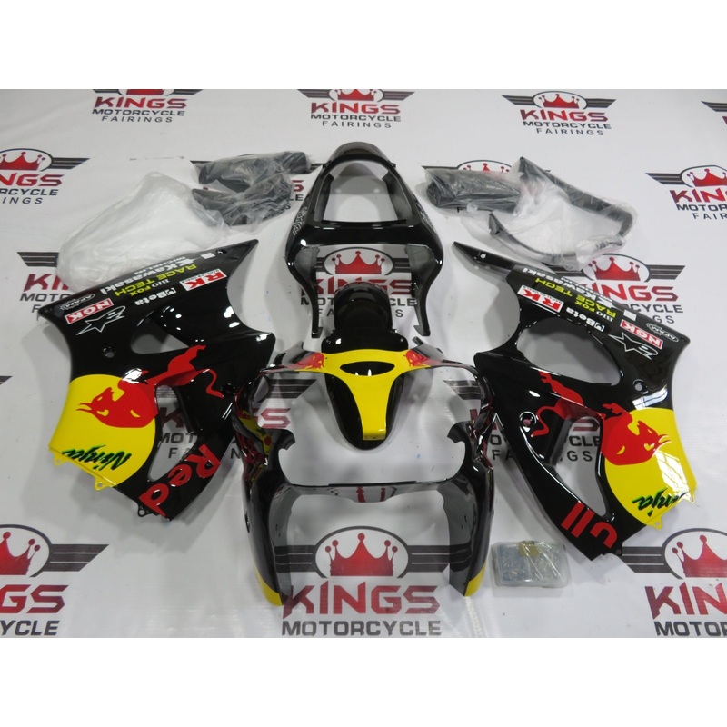 Fairing kit for a Kawasaki ZX6R 636 (2000-2002) Black RedBull Clear Windscreen: Free No Seat Cowl No Bolt Kit