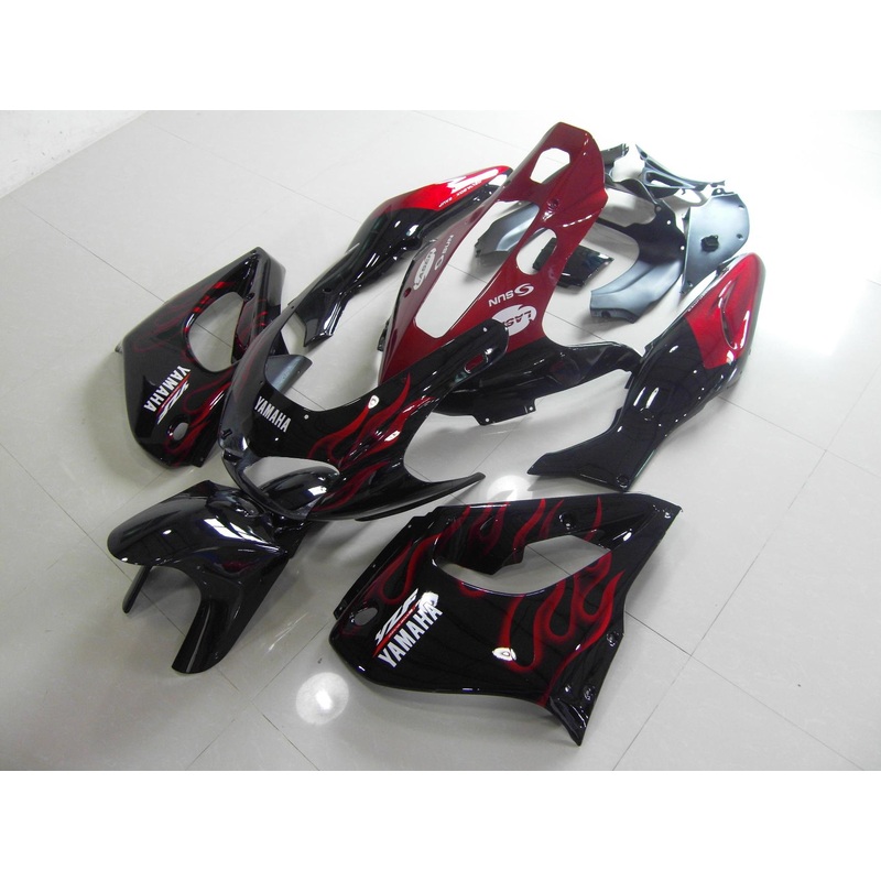 Yamaha YZF1000R (1996-2007) Black, White & Red Flame Fairings Clear Windscreen: Free Bolt Kit: No