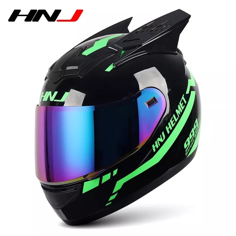 Black & Green Warrior 999 HNJ Motorcycle Helmet with Horns & Blue Visor Black Visor Small (S)= 50-53 CM’s