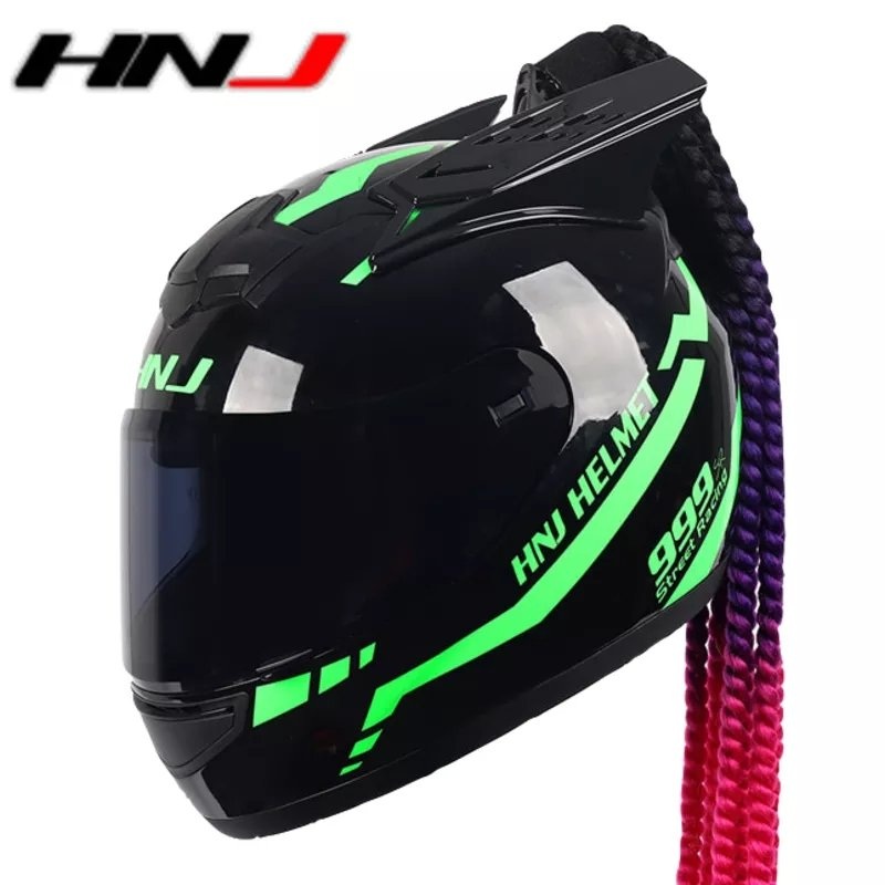 Black & Green Warrior 999 HNJ Motorcycle Helmet with Horns, Braids & Black Visor Black Visor Small (S)= 50-53 CM’s