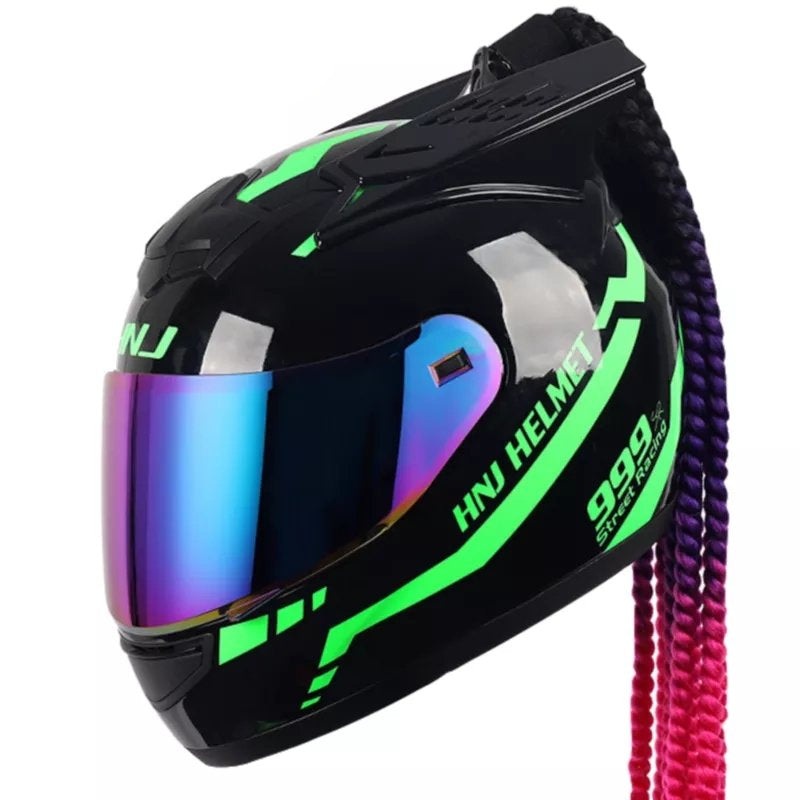 Black, Green Warrior 999 HNJ Motorcycle Helmet with Horns, Braids, Blue Visor Black Visor Small (S)= 50-53 CM’s