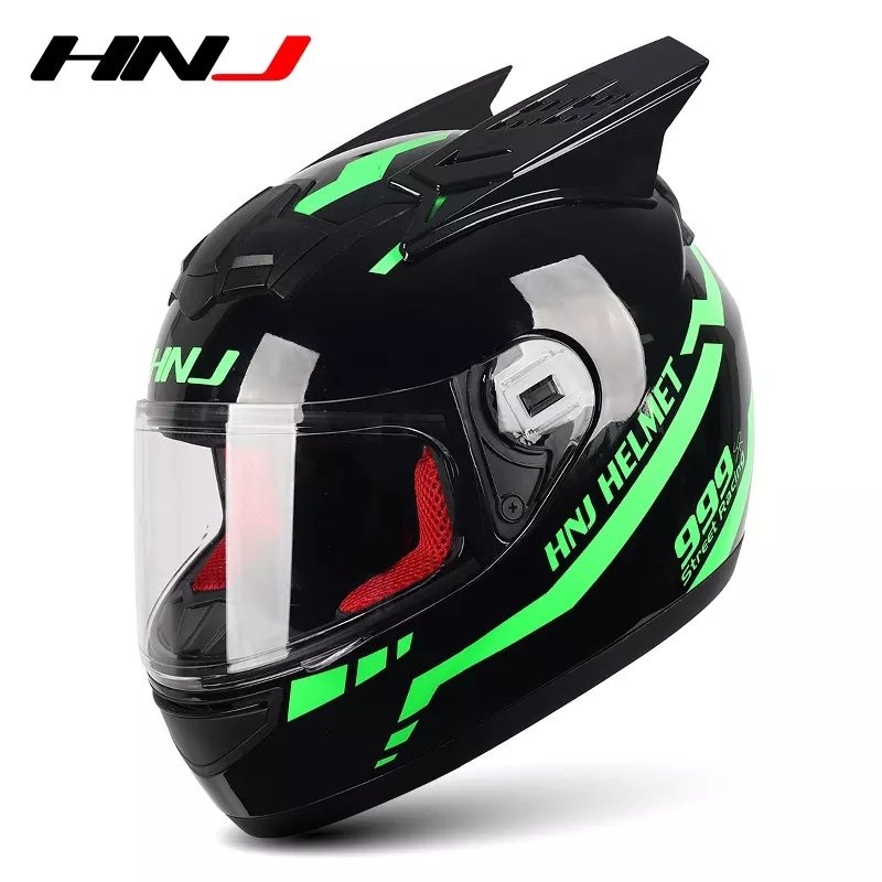 Black & Green Warrior 999 HNJ Motorcycle Helmet with Horns & Clear Visor Black Visor Small (S)= 50-53 CM’s