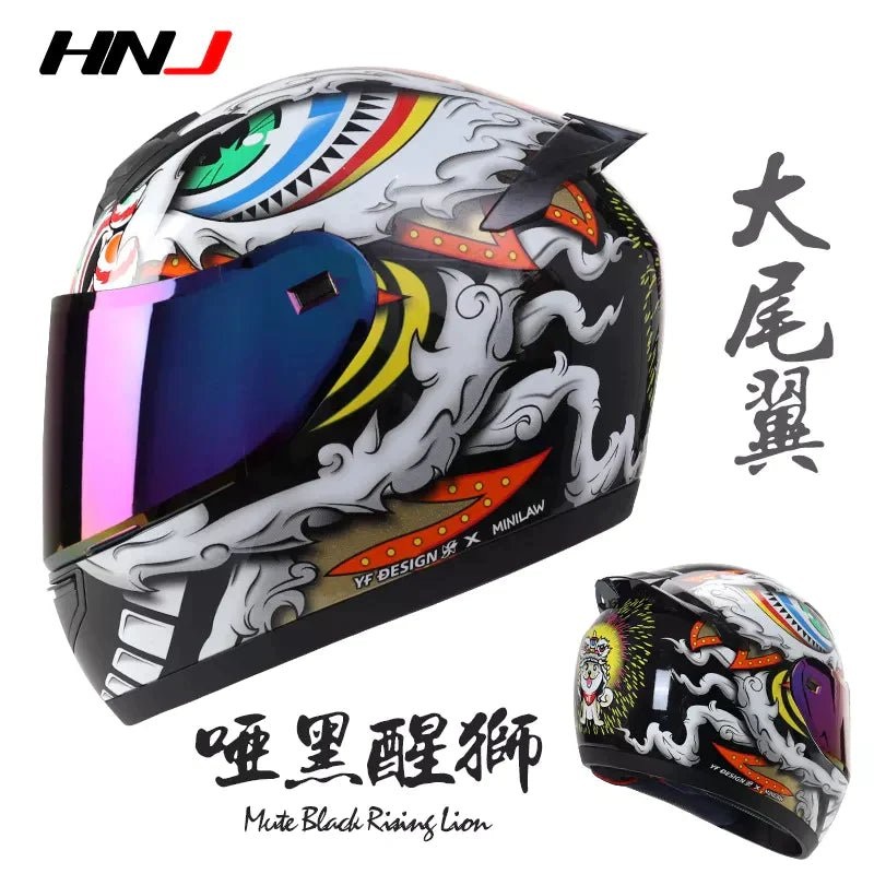 Black Lion Dog HNJ Motorcycle Helmet with Blue Visor Black Visor Small (S)= 50-53 CM’s