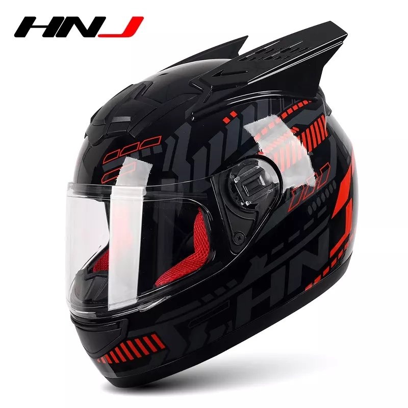 Black, Red & Gray Pulse HNJ Motorcycle Helmet with Horns & Clear Visor Black Visor Small (S)= 50-53 CM’s