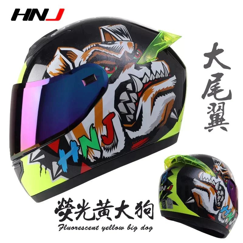 Black & Yellow Dog HNJ Motorcycle Helmet with Blue & Pink Visor Black Visor Small (S)= 50-53 CM’s