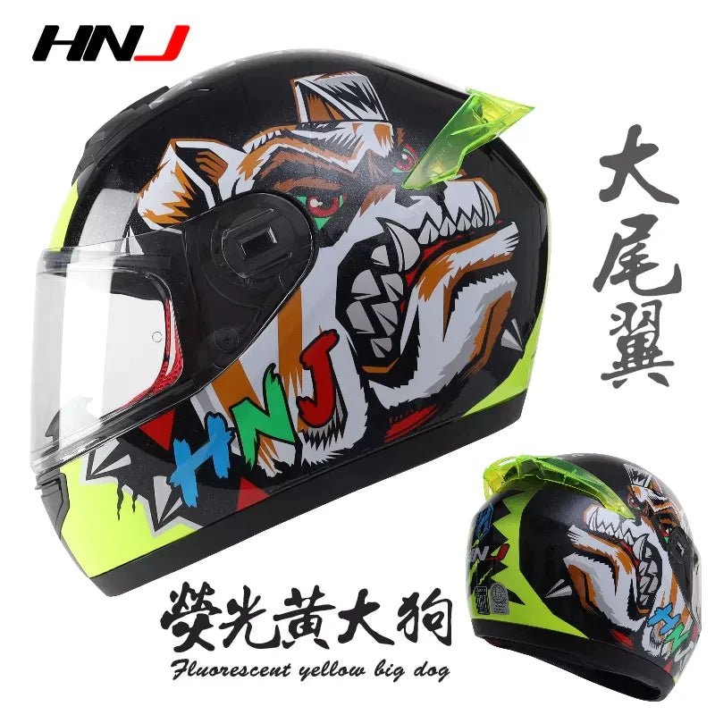 Black & Yellow Dog HNJ Motorcycle Helmet with Clear Visor Black Visor Small (S)= 50-53 CM’s