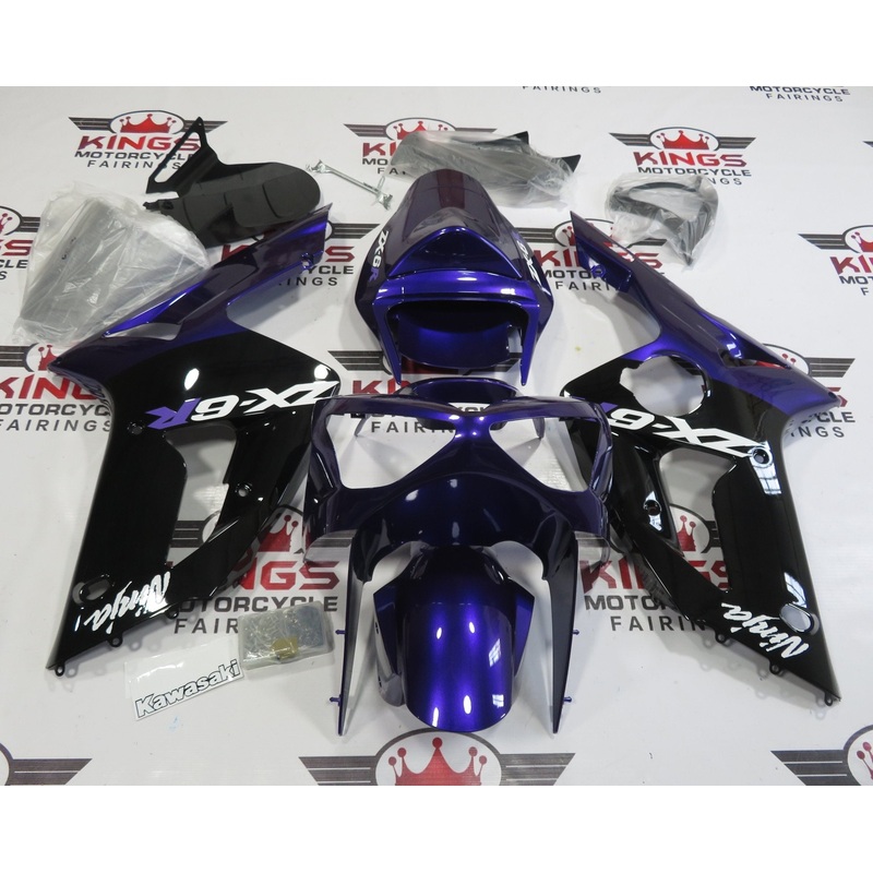 Fairing kit for a Kawasaki ZX6R 636 (2003-2004) Purple, Black & White Clear Windscreen: Free No Seat Cowl No Bolt Kit
