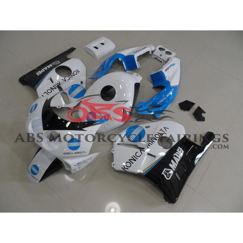 Honda CBR250 MC22 (1990-1998) White, Blue & Black Konica Minolta Fairings Clear Windscreen: Free Bolt Kit: No