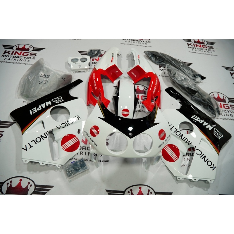Honda CBR250 MC22 (1990-1998) White, Red & Black Konica Minolta Fairings Clear Windscreen: Free Bolt Kit: No