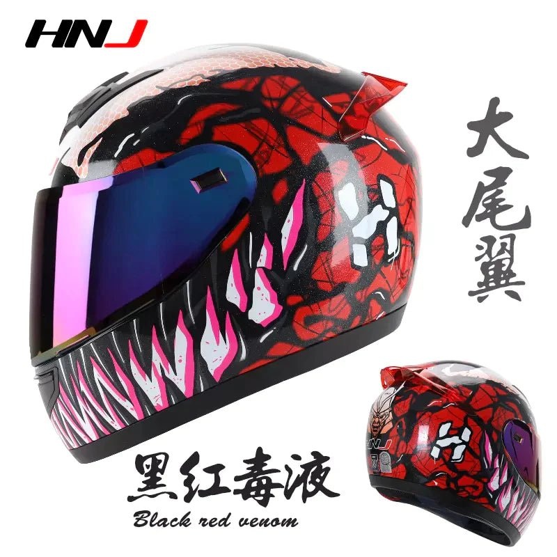 Red & Black Venom HNJ Motorcycle Helmet with Blue Windscreen Black Visor Small (S)= 50-53 CM’s