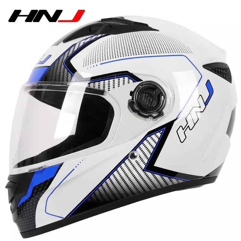 White, Black & Blue HNJ Motorcycle Helmet with Clear Visor Clear Visor