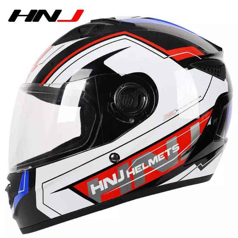 White, Black, Red & Blue HNJ Motorcycle Helmet with Clear Visor Clear Visor