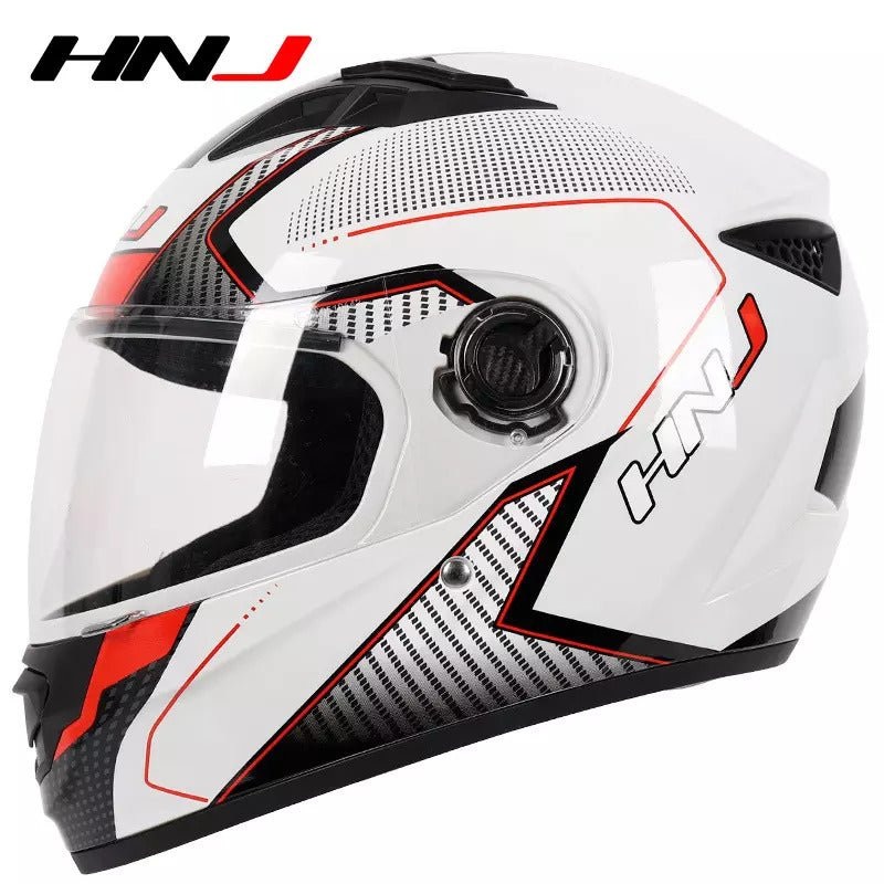 White, Black & Red HNJ Motorcycle Helmet with Clear Visor Clear Visor