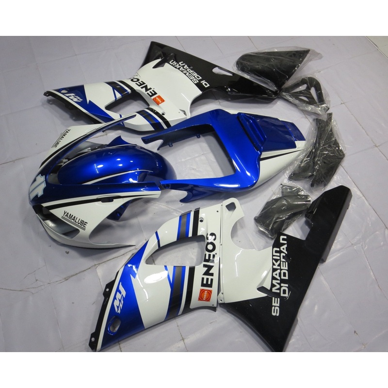 Yamaha YZF-R1 (1998-1999) White, Blue & Black Eneos Fairings Clear Windscreen: Free No Seat Cowl No Bolt Kit