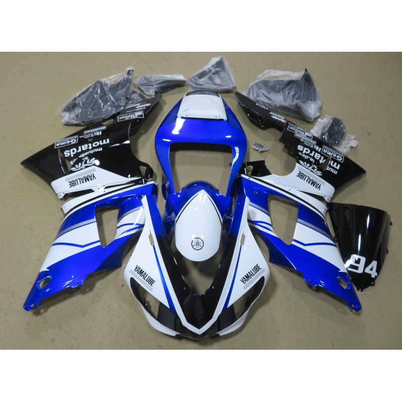 Yamaha YZF-R1 (1998-1999) White, Blue & Black Yamalube Fairings Clear Windscreen: Free No Seat Cowl No Bolt Kit