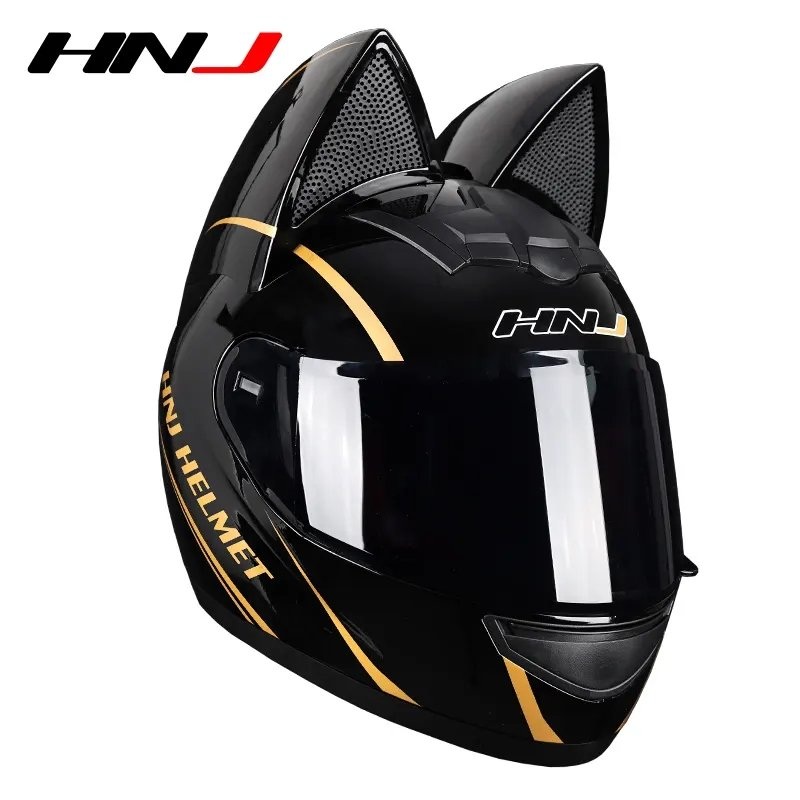 Black & Gold HNJ Motorcycle Helmet with Cat Ears & Black Visor Black Visor Small (S)= 50-53 CM’s
