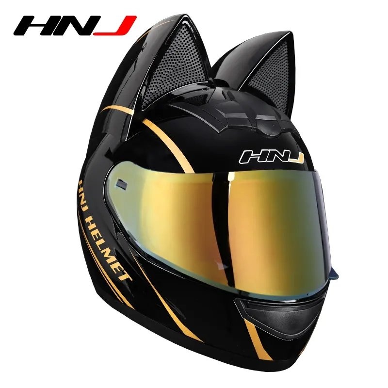 Black, Gold HNJ Motorcycle Helmet with Cat Ears & Gold Visor Black Visor Small (S)= 50-53 CM’s