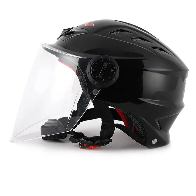 Black Half Face Motorcycle Helmet with Large Clear Visor Clear Visor Small (S)= 50-53 CM’s