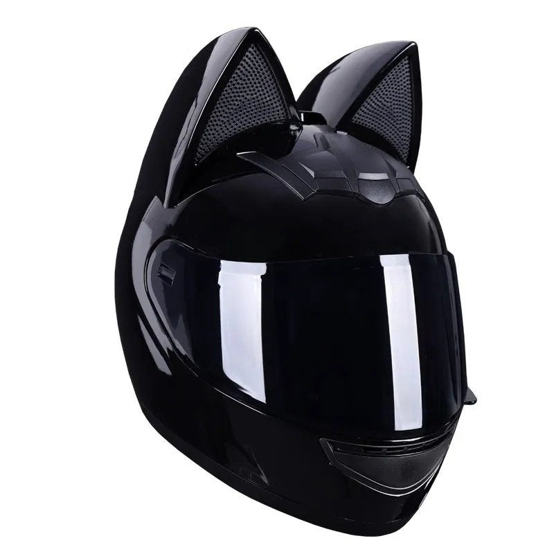 Black HNJ Motorcycle Helmet with Cat Ears & Black Visor Black Visor Small (S)= 50-53 CM’s
