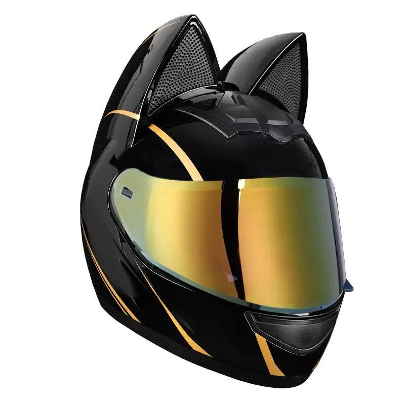 Black HNJ Motorcycle Helmet with Cat Ears & Gold Visor Gold Visor Small (S)= 50-53 CM’s