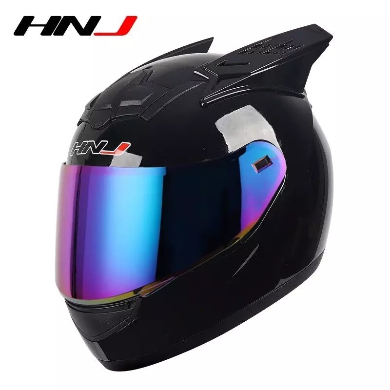 Black HNJ Motorcycle Helmet with Horns & Blue Visor Black Visor Small (S)= 50-53 CM’s
