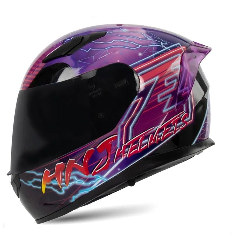 Black & Purple Lightning HNJ Motorcycle Helmet with Black Visor Black Visor Medium (M)= 52-53 CM’s