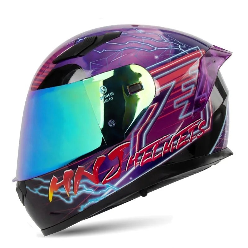 Black & Purple Lightning HNJ Motorcycle Helmet with Blue Visor Black Visor Medium (M)= 52-53 CM’s