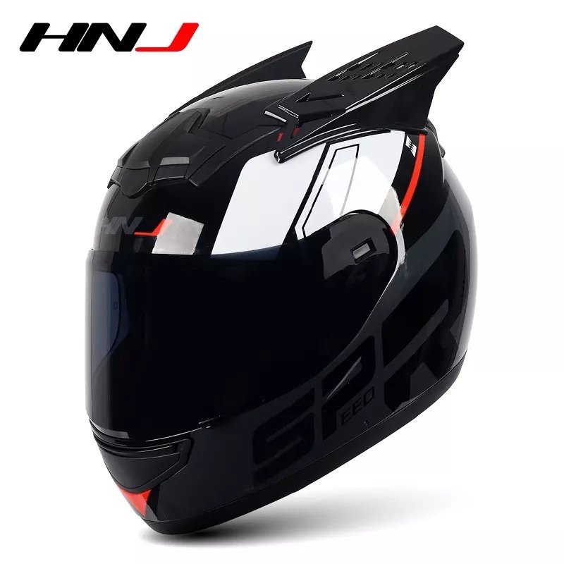 Black, Red, Dark Gray & White HNJ Motorcycle Helmet with Horns & Black Visor Black Visor Small (S)= 50-53 CM’s