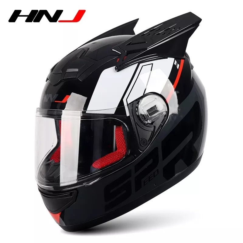 Black, Red, Dark Gray & White HNJ Motorcycle Helmet with Horns & Clear Visor Black Visor Small (S)= 50-53 CM’s